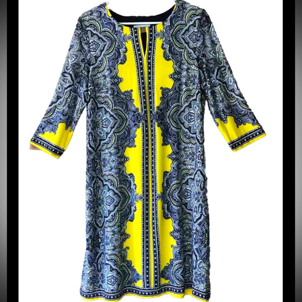 NWOT Sandra Darren Mod Yellow & Blue 3/4 Sleeve Shift Dress Size Large Boho